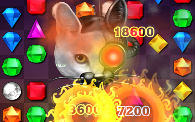 The Cyborg Cat is watching the player in Bejeweled Blitz. Time pressure is used as a game mechanic here.