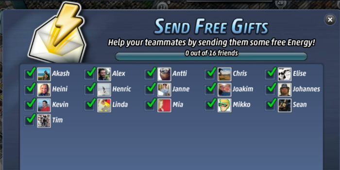 First session of the day starts with a popup prompting player to send Energy to playing friends.