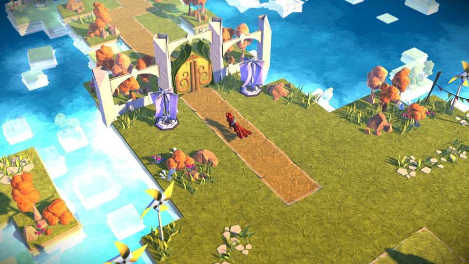 Epistory screenshot, floating paper islands with blue sky in the background